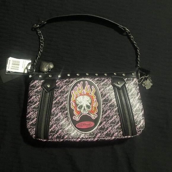 Ed Hardy Handbags - Ed Hardy Women's Pink and Black Skull Mini Shoulder Bag with Rhinestones